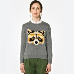 LACOSTE LIVE! Sz L Sweater 100% Cotton Raccoon Image On Grey Background